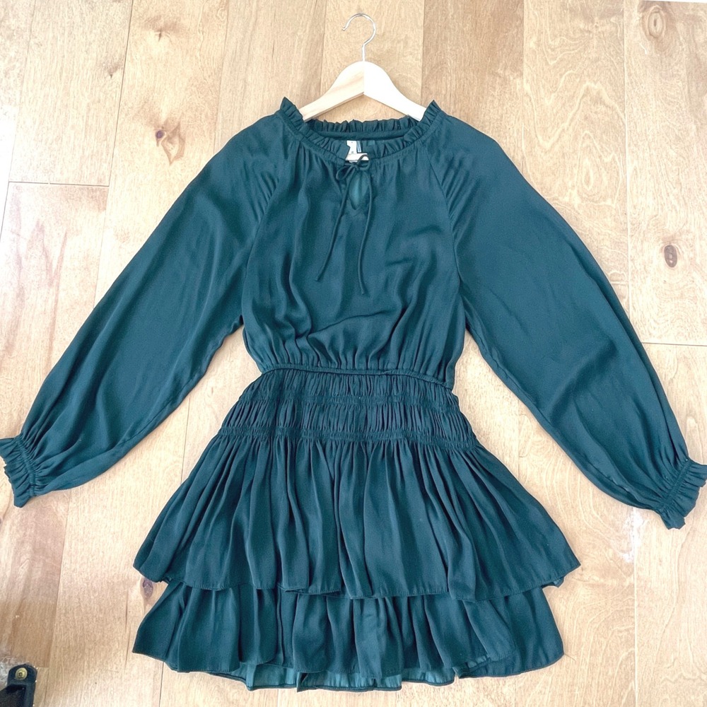 Glam Dark Green Smocked Waist Ruffle Tiered Mini Dress Long Sleeve Size S